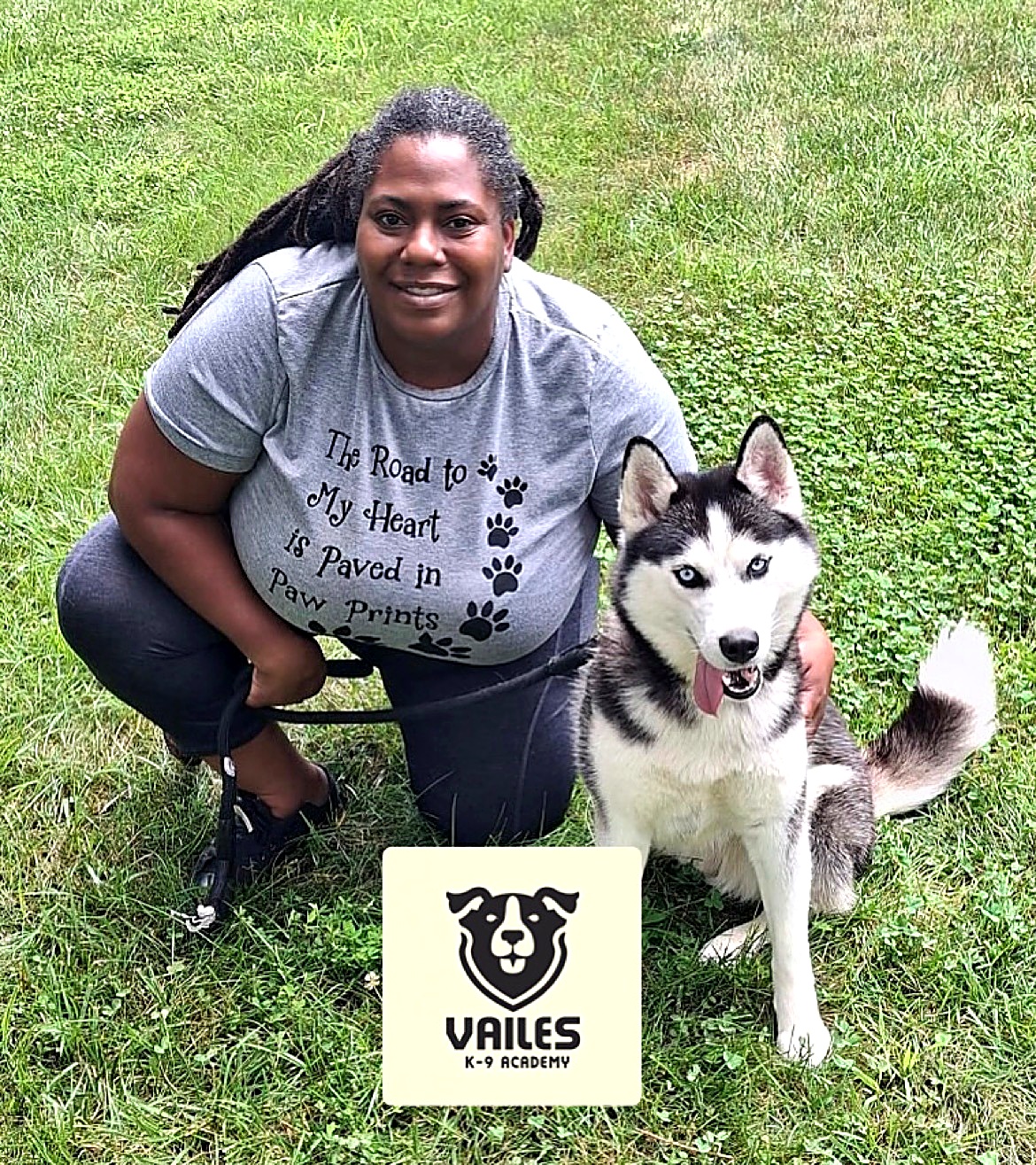 Cece Vailes, owner and lead trainer, with her husky Zuri