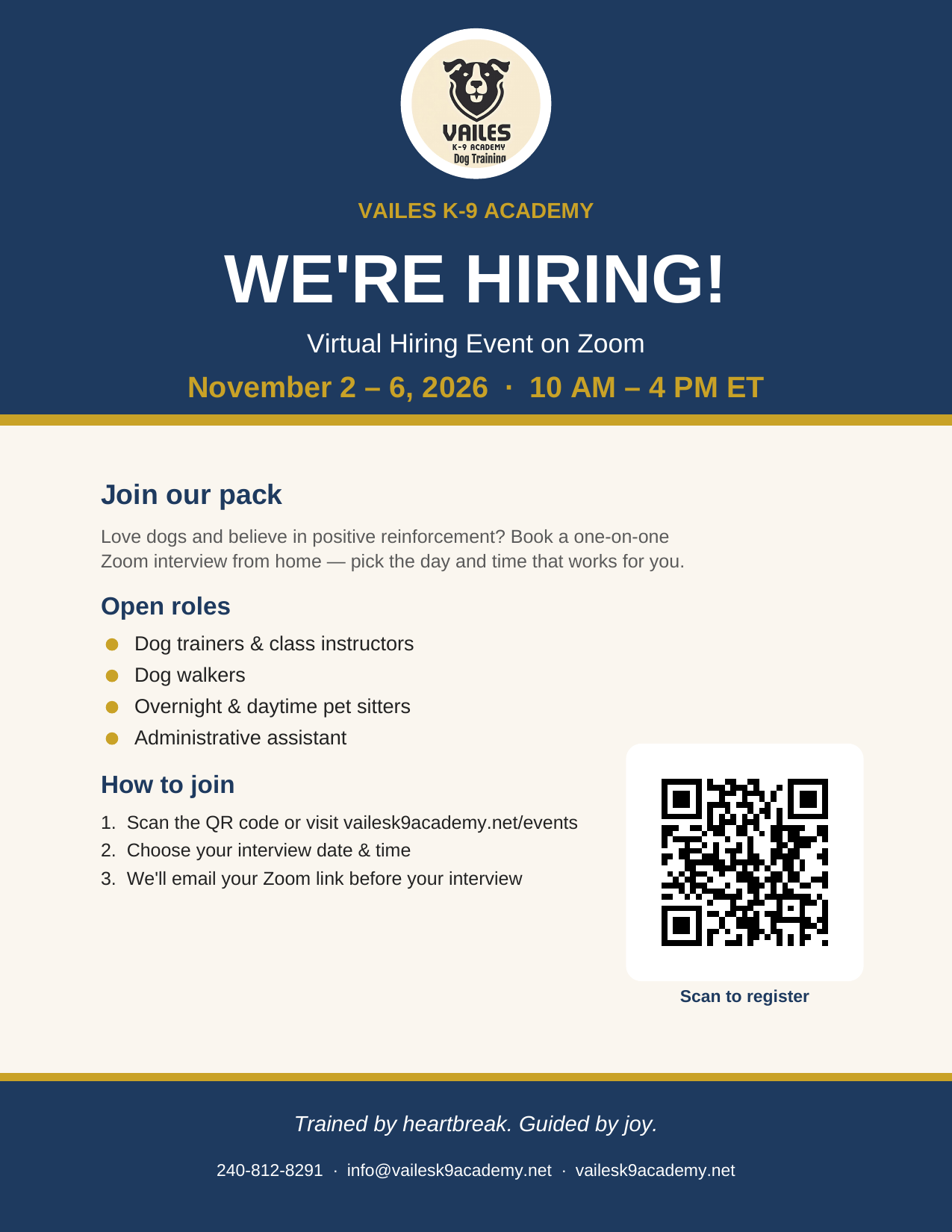 Vailes K-9 Academy virtual hiring event on Zoom, November 2–6, 2026